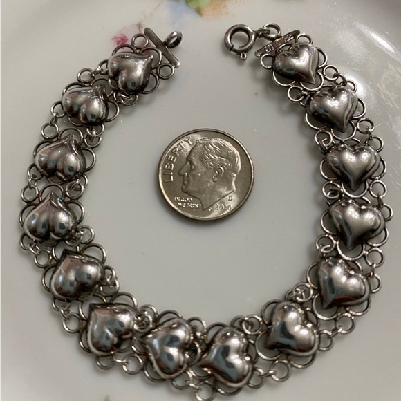 Vtg Sterling Puffy Heart Double Link Bracelet 7.5” - Picture 1 of 8